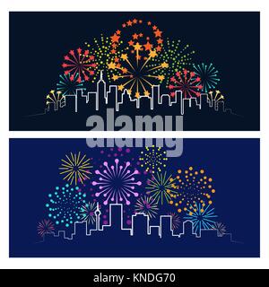 Feuerwerk die Skyline der Stadt. Feiern Feuerwerk über Nacht Stadt Panorama, Urban festliche Parteienlandschaft Konzept Vector Illustration Stock Vektor