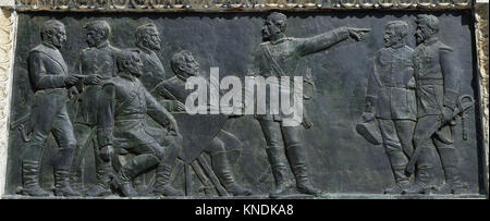 Denkmal von Juan Prim. (1814-1870). Rückzug aus Mexiko, 1882-1887. Relief von Luís Puiggener (1851-1918). Der Ciutadella Park. Barcelona, Spanien. Stockfoto