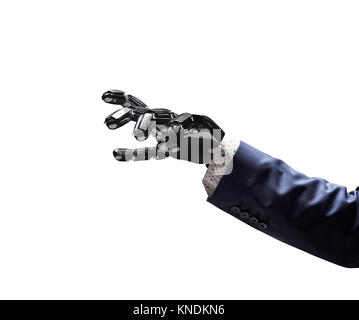 Roboterhand im Anzug auf etwas. Stockfoto