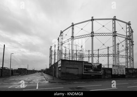 Alte Gaswerk Skelette der Rahmen Manchester Stockfoto