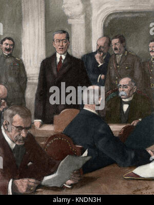 Frankreich. Paris Peace Conference, 1919. Der Präsident der Vereinigten Staaten, Thomas Woodrow Wilson (1856-1924) bei der Präsentation der Premierminister von Frankreich, George Clemenceau (1841-1929) als Leiter der Konferenz. Gravur. 'La Ilustracion Francesa". Gefärbt. Stockfoto