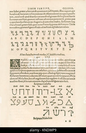 Thebanische Alphabet (Honorian Alphabet oder die Runen von Honorius) und himmlische Alphabet (Scriptura Malachim oder Engelwesen Script). Gravur von Heinrich Cornelius Agrippa von Nettesheim (1486-1535) 'De Helvetica philosophia libri tres" (drei Bücher von Okkulten Philosophie) im Jahre 1533 veröffentlicht. Weitere Informationen finden Sie unten. Stockfoto