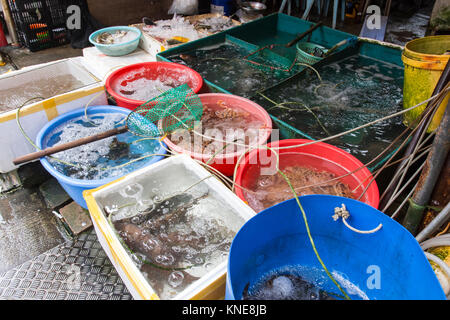 Fischerboote im Tai O Dorfs beim Verkauf von frischem Fisch. Stockfoto