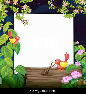 Abbildung: Vögel und eine weiße Tafel in einem schönen dunklen Nacht Stock Vektor