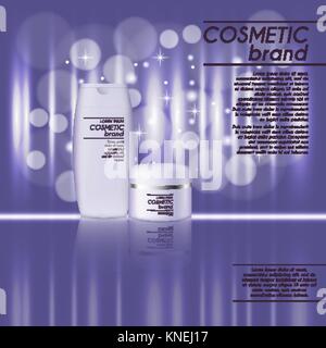 3D realistische kosmetische Flasche ads Vorlage. Kosmetische Marke Werbung Konzept Design mit glitzert und bokeh Hintergrund. Stock Vektor