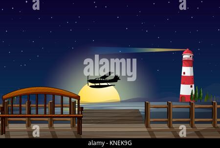 Abbildung: Light House, ein Flugzeug und ein Meer in einer dunklen Nacht Stock Vektor