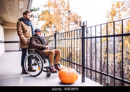 Senior Vater im Rollstuhl und jungen Sohn auf einem Spaziergang. Stockfoto