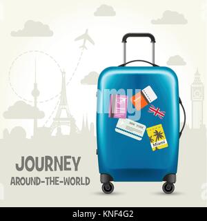 Moderne, in Blau Kunststoff Koffer mit Rädern und europäische Wahrzeichen - Tourismus Poster Stock Vektor