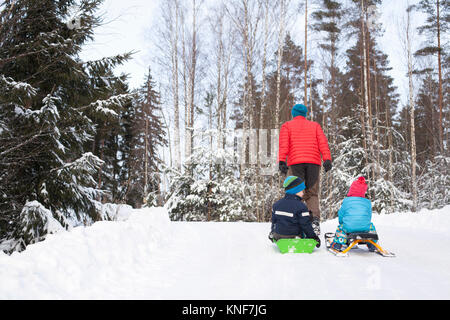 Rückansicht des Menschen ziehen zwei Söhne auf Schlitten durch den verschneiten Wald Stockfoto
