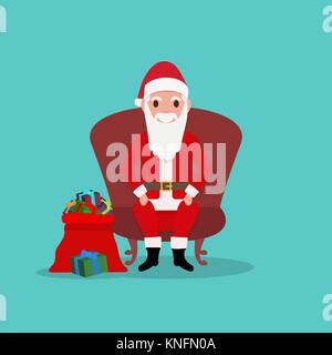 Cartoon Santa Claus sitzt im Stuhl mit Tasche Geschenke Stock Vektor
