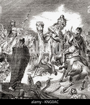 Ayesha von den Soldaten des Ali während der Schlacht um die Camel, Basra, Irak, 7. November 656 erfasst. "Ā" ishah bint Abī Bakr, auch eine 'ishah, Aisyah, Ayesha geschrieben, eine "Isha Aishat, aishah oder Aisha, C 613/614 - 678. Eine der Frauen Muhammads. Ali, 601 - 661. Vetter und Schwiegersohn Mohammeds. Von Station und Lock's illustrierte Geschichte der Welt, veröffentlicht C 1882. Stockfoto