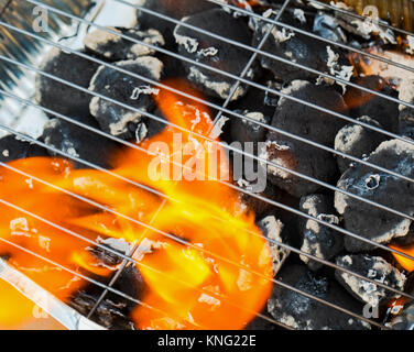 Brennende Feuer und Grill closeup Stockfoto