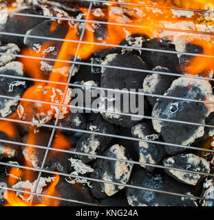 Brennende Feuer und Grill closeup Stockfoto