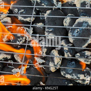 Brennende Feuer und Grill closeup Stockfoto