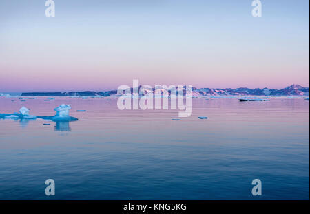 Rosa Abend mit schwimmende Eisberge in Scoresby-sund, Grönland, Sommer 2017 Stockfoto