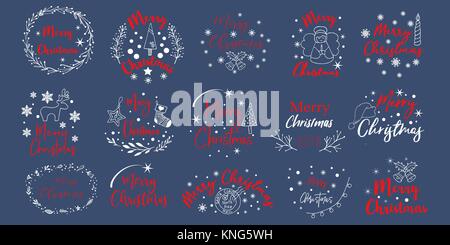 Neues Jahr und Frohe Weihnachten Dekoration aufgestellt. Typografie gesetzt. Die wichtigsten Symbole des Urlaubs. Vektor Logos, Embleme, text Design. Geeignet für Banner, Grußkarten, Geschenke etc. Stock Vektor