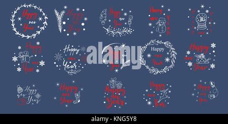 Neues Jahr und Frohe Weihnachten Dekoration aufgestellt. Typografie gesetzt. Die wichtigsten Symbole des Urlaubs. Vektor Logos, Embleme, text Design. Geeignet für Banner, Grußkarten, Geschenke etc. Stock Vektor