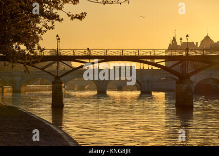 Sonnenaufgang über den Pont des Arts, Pont Neuf und der Seine Banken. Ile de la Cite, 1. Arrondissement, Paris, Frankreich Stockfoto