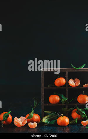 Mandarinen in einem hölzernen shadow Box auf einem dunklen Hintergrund. Dunkle essen Fotografie mit leuchtendem orange Obst und Kopieren. Stockfoto