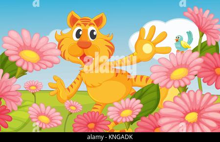 Abbildung eines lächelnden Tiger und ein Vogel in der wunderschönen Natur Stock Vektor