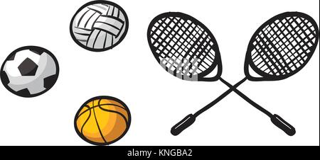 Abbildung: Verschiedene Bälle und Schläger auf einem weißen Hintergrund Stock Vektor