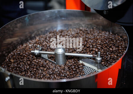 Frisch gerösteten Kaffeebohnen in einem Kaffeeröster Stockfoto