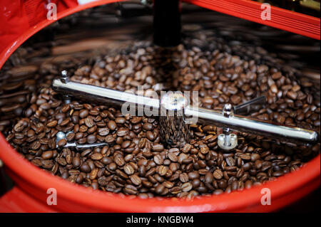 Frisch gerösteten Kaffeebohnen in einem Kaffeeröster Stockfoto