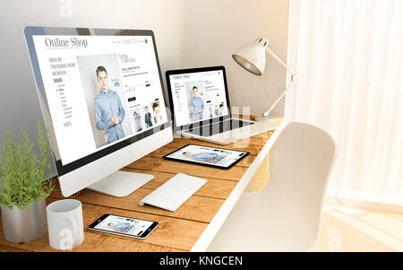 Digital generierten Geräte über einen Holztisch mit Online Store Konzept reagieren. Alle Grafiken sind. Stockfoto