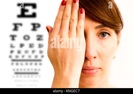 Junge Frau bedeckte sein Gesicht mit der Hand und seine Vision. Diagramm für Augen, die in den Hintergrund. Stockfoto