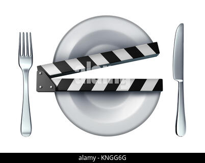 Essen Video- und kochen Filmklappe Konzept oder Streaming kulinarischen Kurs Konzept als Teller als Schindeln als 3D-Illustration geprägt. Stockfoto