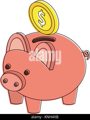 Bank piggy mit Münzen Bargeld isometrische Stock Vektor