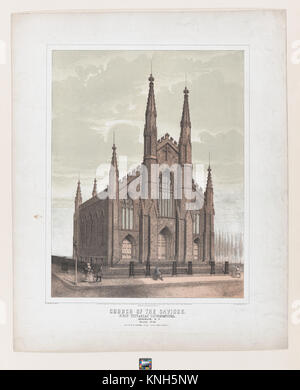 Kirche des Erlösers (First Unitarian Congregational), Brooklyn MET DP 867584 425987 Künstler: Esra Bisbee, Amerikanische, geboren Sag Harbor, New York 1808, aktive 1820? 56, Drucker: G. und W. Endicott, New York, NY, Herausgeber: A.Spooner & Co., Brooklyn, New York, Architekt: Kirche gestaltet von Minard Lafever, amerikanischen, 1798?1854, Kirche des Erlösers (First Unitarian Congregational), Brooklyn, 1845, Handcolorierte Lithographie, Bild: 16 15/16? 13 3/8 in. (43? 34 cm) Blatt: 22 1/16? 18 in. (56? 45,7 cm). Das Metropolitan Museum of Art, New York. Vermächtnis von Susan Dwight Bliss, 1966 (49.3.8) Stockfoto