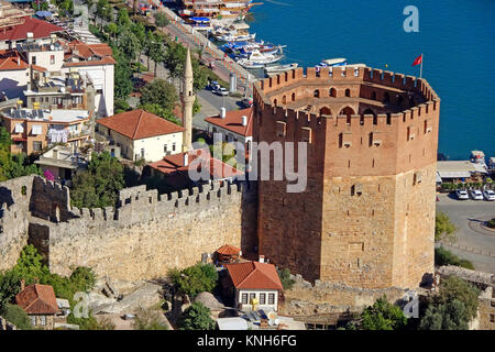 Der Rote Turm am Hafen von Alanya, Sehenswürdigkeiten, Türkische Riviera, Türkei Stockfoto