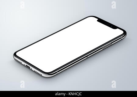 Ähnlich wie das iPhone X perspektivische Ansicht Isometrische white Smartphone mockup liegt auf graue Oberfläche Stockfoto