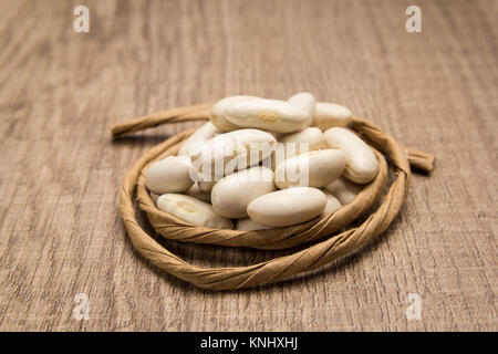 Phaseolus vulgaris ist wissenschaftlicher Name der Marine Bohne Hülsenfrucht. Auch als Weiße, Pearl Bean und Feijao Branco bekannt. Papier Seil um Korn. Selektive foc Stockfoto