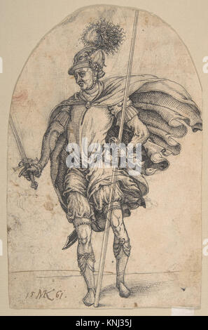 Ein Standing Soldier, Künstler: Michel Kirmer, aktiv Ca. Ca. 1552 1570, Ein stehender Soldat, 1561, Stift und schwarze Tinte, über einer Zeichnung in schwarzer Kreide, roter Kreide Stockfoto