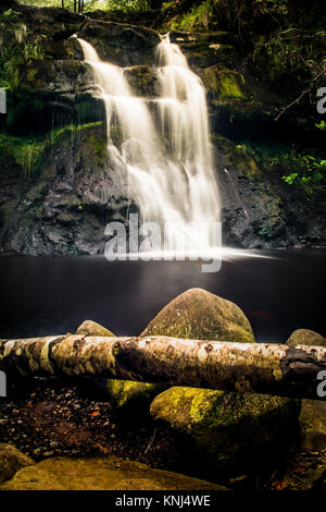 Die Glenbarrow Wasserfall der Slieve Bloom Mountains, County Laoise, Irland. Sommer 2017 am Fuße des Wasserfalls, wenn der Fluss niedrig war. Stockfoto