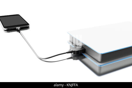 3D-Darstellung. Tragbare externe Festplatte mit Smartphone. Data Storage Konzept Stockfoto
