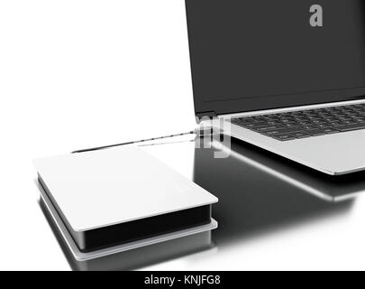 3D-Darstellung. Tragbare externe Festplatte mit Laptop-PC. Data Storage Konzept. Stockfoto