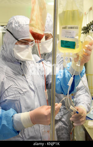 Die pharmazeutisch-technischen Assistenten Michael Nemetz und der biologischen Labor Techniker Simon Kübler (R) Arbeit an einer neuen Form der personalisierten Zelltherapie gegen Krebs mit hoch spezialisierten Technologie in ein sauberes Zimmer am Fraunhofer Institut für Zelltherapie und Immunologie (IZI) in Leipzig, Deutschland, 20. November 2017. Das Fraunhofer Institut arbeitet an einem gemeinsamen Projekt mit der Novartis Pharma AG, um die neue Form der Therapie richtig zu entwickeln, mit dem chimären Antigen-rezeptor Therapie (Warenkorb). Es erfordert die Neuprogrammierung des Patienten · körpereigene Zellen ihre zu behandeln. Stockfoto