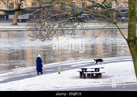 Glasgow, Schottland, Großbritannien. 12. Dezember 2017. UK Wetter: eine Frau trotzt der winterlichen Bedingungen ihrem Hund für einen Spaziergang an einem zugefrorenen Teich zu nehmen. Credit: Skully/Alamy leben Nachrichten Stockfoto