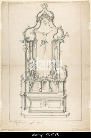 Illustration eines deutschen Altarentwurfs aus dem 19. Jahrhundert durch einen anonymen Künstler, der detaillierte architektonische und dekorative Elemente mit Stift, Tinte und grauer Waschung zeigt. Stockfoto