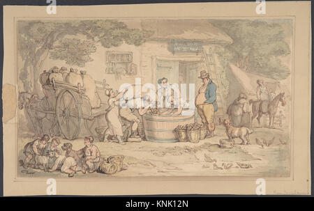 Eine Zeichnung von Thomas Rowlandson (1780–1827), die eine englische ländliche Bauernszene mit Figuren, Tieren und landwirtschaftlichen Tätigkeiten darstellt, in Stift und Tinte gerendert. Stockfoto