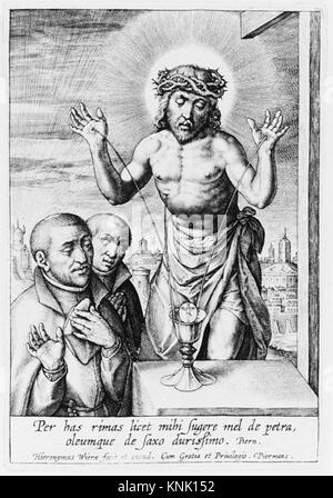 Christus als Brunnen, mit zwei Jesuiten, gedruckt von flämischem Gravierer, Zeichner und Verleger Hieronymus (Jerome) Wierix (1553-1619), zwischen 1570 und 1619 Stockfoto