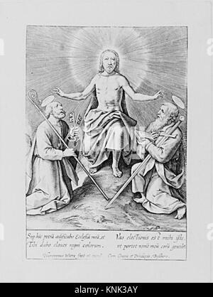 Christus zwischen den Heiligen Peter und Paul, gedruckt von flämischem Gravierer, Zeichner und Verleger Hieronymus (Jerome) Wierix (1553-1619), unbekanntes Datum Stockfoto