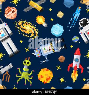 Platz nahtlose Muster Hintergrund, Alien spaceman, Roboter für Raketen und Satelliten cubes Planeten im Sonnensystem pixel Kunst, Digitale vintage Spiel Stil. Merkur, Venus, Erde, Mars, Jupiter, Saturn. Stock Vektor