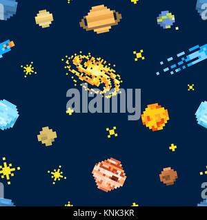 Platz nahtlose Muster Hintergrund, Alien spaceman, Roboter für Raketen und Satelliten cubes Planeten im Sonnensystem pixel Kunst, Digitale vintage Spiel Stil. Merkur, Venus, Erde, Mars, Jupiter, Saturn. Stock Vektor