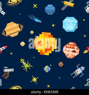 Platz nahtlose Muster Hintergrund, Alien spaceman, Roboter für Raketen und Satelliten cubes Planeten im Sonnensystem pixel Kunst, Digitale vintage Spiel Stil. Merkur, Venus, Erde, Mars, Jupiter, Saturn. Stock Vektor