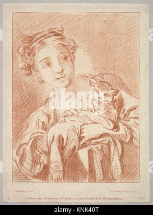 Ein junges Mädchen mit einem Cat, Print, Louis Marin Bonnet (1736-1793), nach Francois Boucher (1703-1770), 1769 Stockfoto