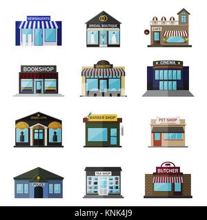 Verschiedene Geschäfte, Gebäude und werden flach Symbol auf weißem isoliert. Umfasst Zeitungsläden, Bridal Boutique, Café, Buchhandlung, Bäckerei, Kino, Juwelier, Friseur, Pet Shop, Polizei, Tee Shop, Metzgerei Stock Vektor
